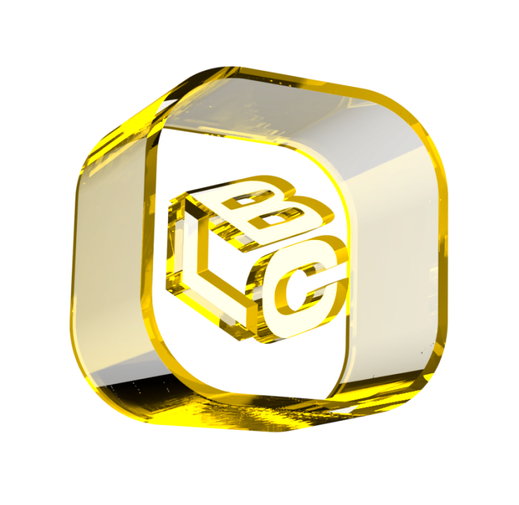 Letras B, L, C em 3D douradas dentro de um cubo transparente