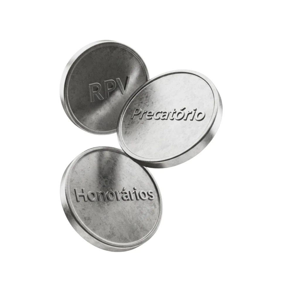 Moedas de RPV, Precatório e Honorários em metal prateado.