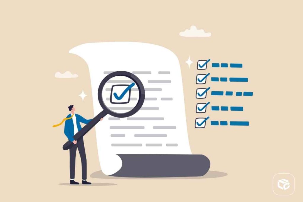 Homem revisa precatórios com lupa, checklist de emendas e correções.