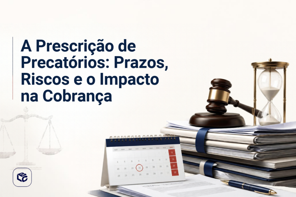 A Prescrição de Precatórios: Prazos, Riscos e o Impacto na Cobrança Banner informativo sobre a prescrição de precatórios. À esquerda, em fundo claro, aparece o título em destaque: “A Prescrição de Precatórios: Prazos, Riscos e o Impacto na Cobrança”. Ao lado do texto há um símbolo discreto da balança da justiça. À direita, uma composição jurídica e administrativa mostra um martelo de juiz apoiado sobre uma pilha de processos e documentos encadernados, uma ampulheta representando a passagem do tempo, um calendário de mesa com uma data destacada e uma caneta sobre papéis. No canto inferior esquerdo há um logotipo institucional. O design utiliza elementos visuais relacionados a prazos legais, prescrição e cobrança de créditos judiciais.
