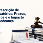 A Prescrição de Precatórios: Prazos, Riscos e o Impacto na Cobrança Banner informativo sobre a prescrição de precatórios. À esquerda, em fundo claro, aparece o título em destaque: “A Prescrição de Precatórios: Prazos, Riscos e o Impacto na Cobrança”. Ao lado do texto há um símbolo discreto da balança da justiça. À direita, uma composição jurídica e administrativa mostra um martelo de juiz apoiado sobre uma pilha de processos e documentos encadernados, uma ampulheta representando a passagem do tempo, um calendário de mesa com uma data destacada e uma caneta sobre papéis. No canto inferior esquerdo há um logotipo institucional. O design utiliza elementos visuais relacionados a prazos legais, prescrição e cobrança de créditos judiciais.