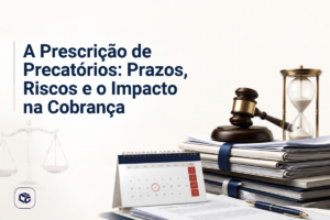 A Prescrição de Precatórios: Prazos, Riscos e o Impacto na Cobrança Banner informativo sobre a prescrição de precatórios. À esquerda, em fundo claro, aparece o título em destaque: “A Prescrição de Precatórios: Prazos, Riscos e o Impacto na Cobrança”. Ao lado do texto há um símbolo discreto da balança da justiça. À direita, uma composição jurídica e administrativa mostra um martelo de juiz apoiado sobre uma pilha de processos e documentos encadernados, uma ampulheta representando a passagem do tempo, um calendário de mesa com uma data destacada e uma caneta sobre papéis. No canto inferior esquerdo há um logotipo institucional. O design utiliza elementos visuais relacionados a prazos legais, prescrição e cobrança de créditos judiciais.